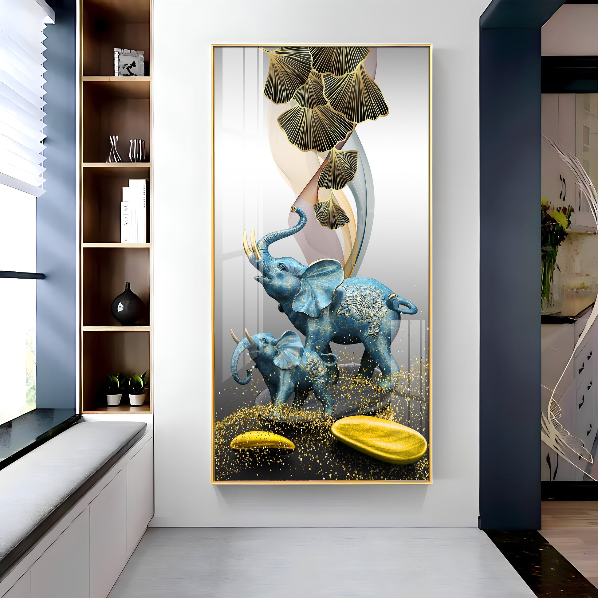 Luxury Blue Elephant Family with Golden Abstract Elements Acrylic Wall Painting for Modern Home Decor