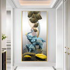 Luxury Blue Elephant Family with Golden Abstract Elements Acrylic Wall Painting for Modern Home Decor
