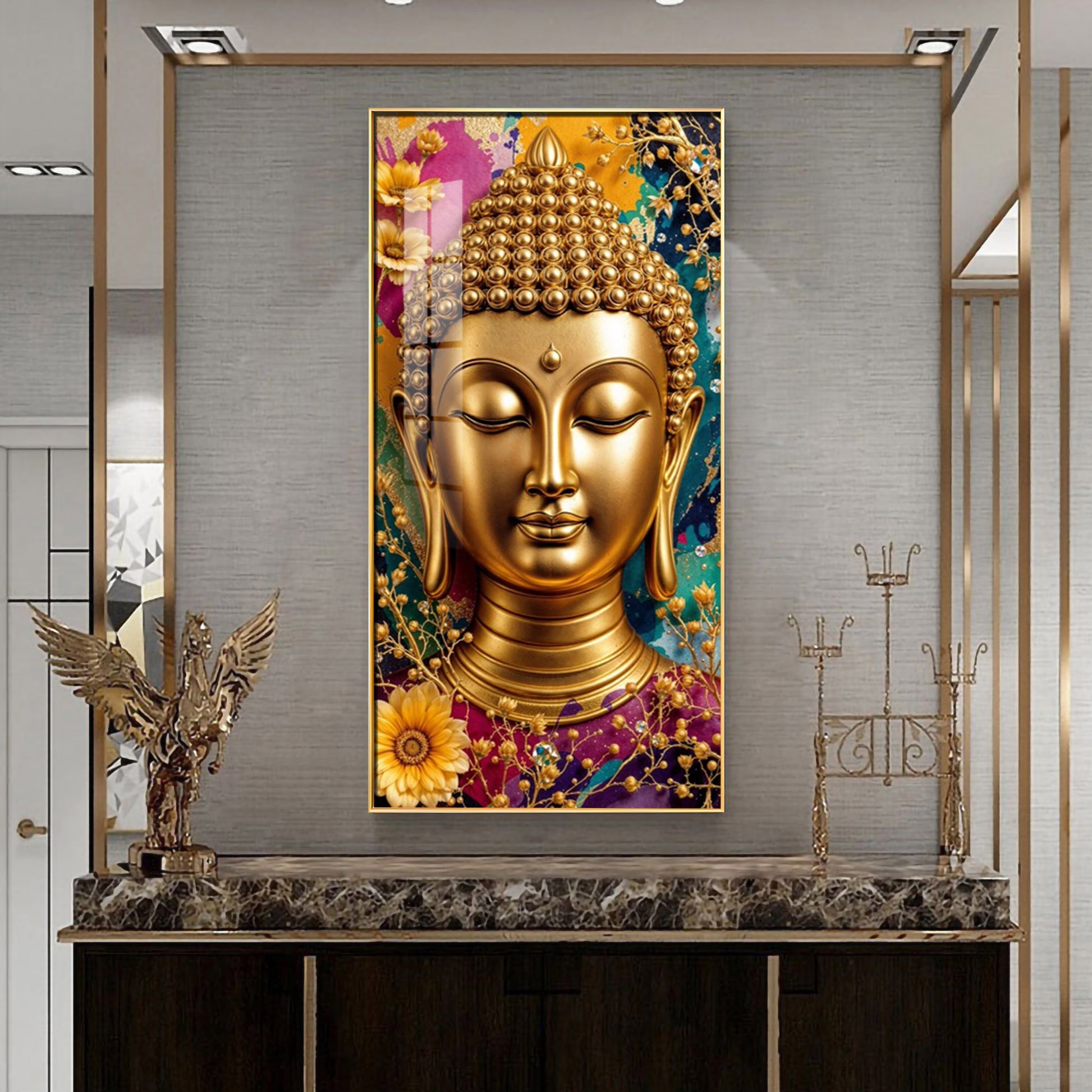 Spiritual Golden Buddha Acrylic Wall Painting for Meditation Spaces