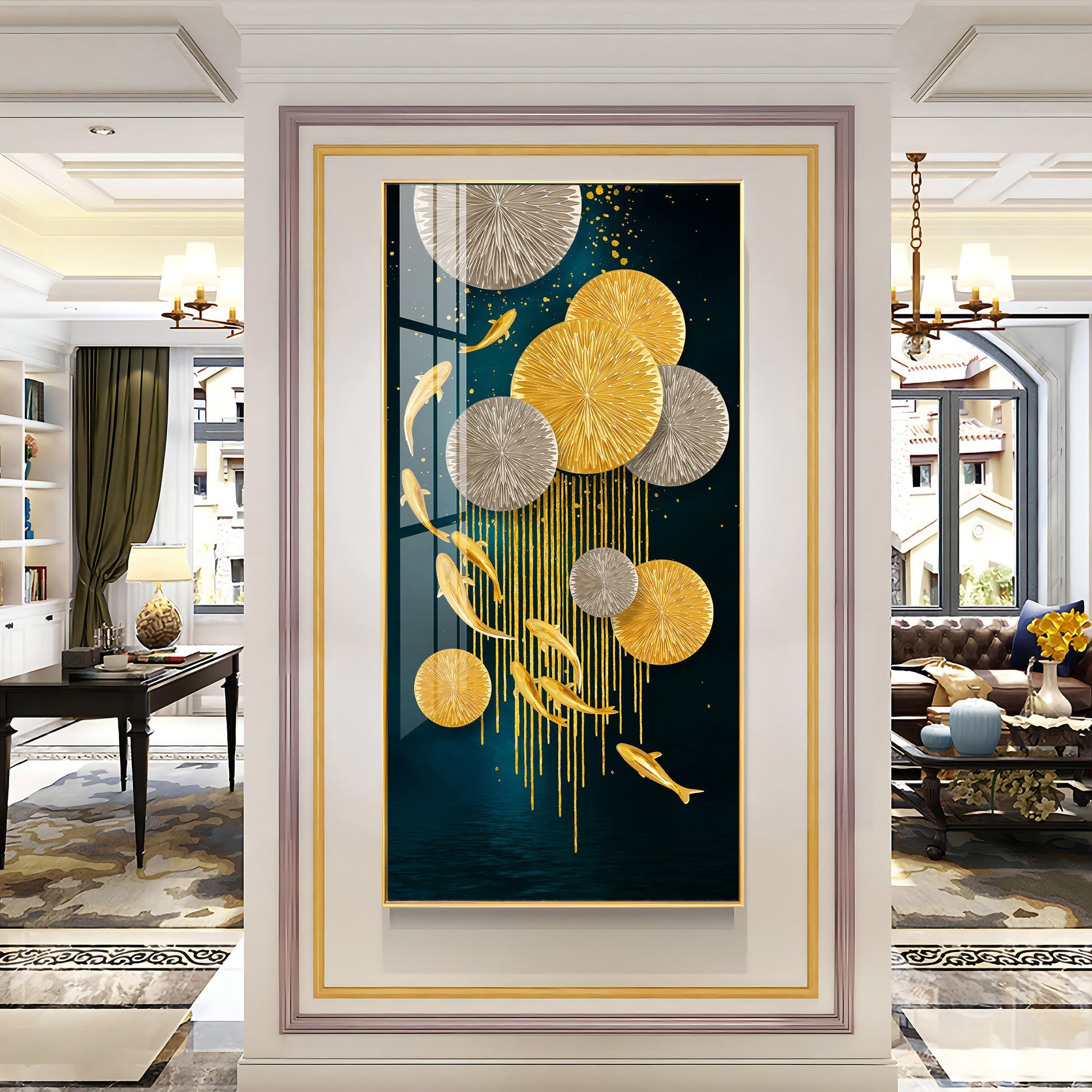 Abstract Gold Fish and Circles Acrylic Wall Painting for Elegant Home Decor