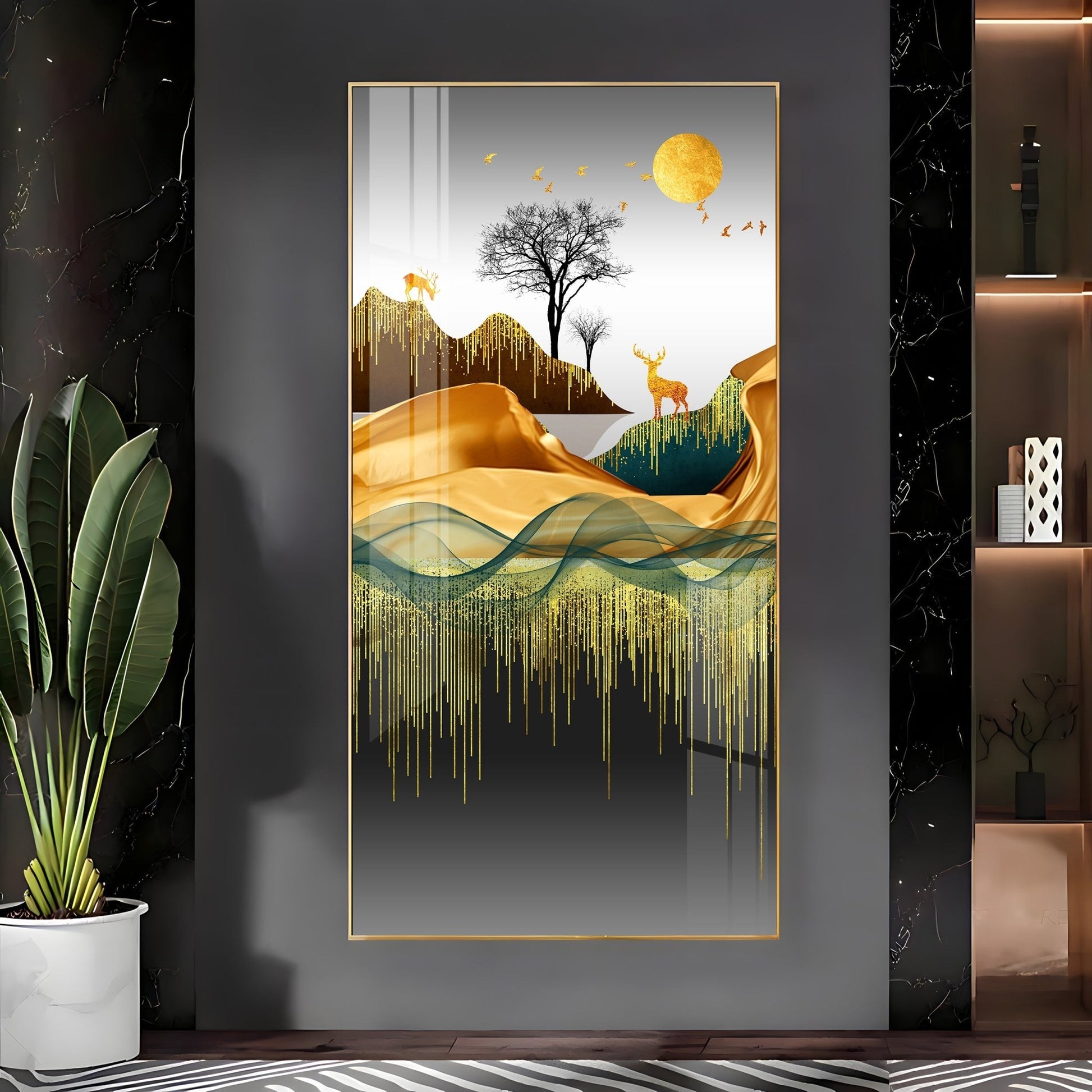 Elegant Nature Scene with Golden Accents Acrylic Wall Painting for Stylish Spaces
