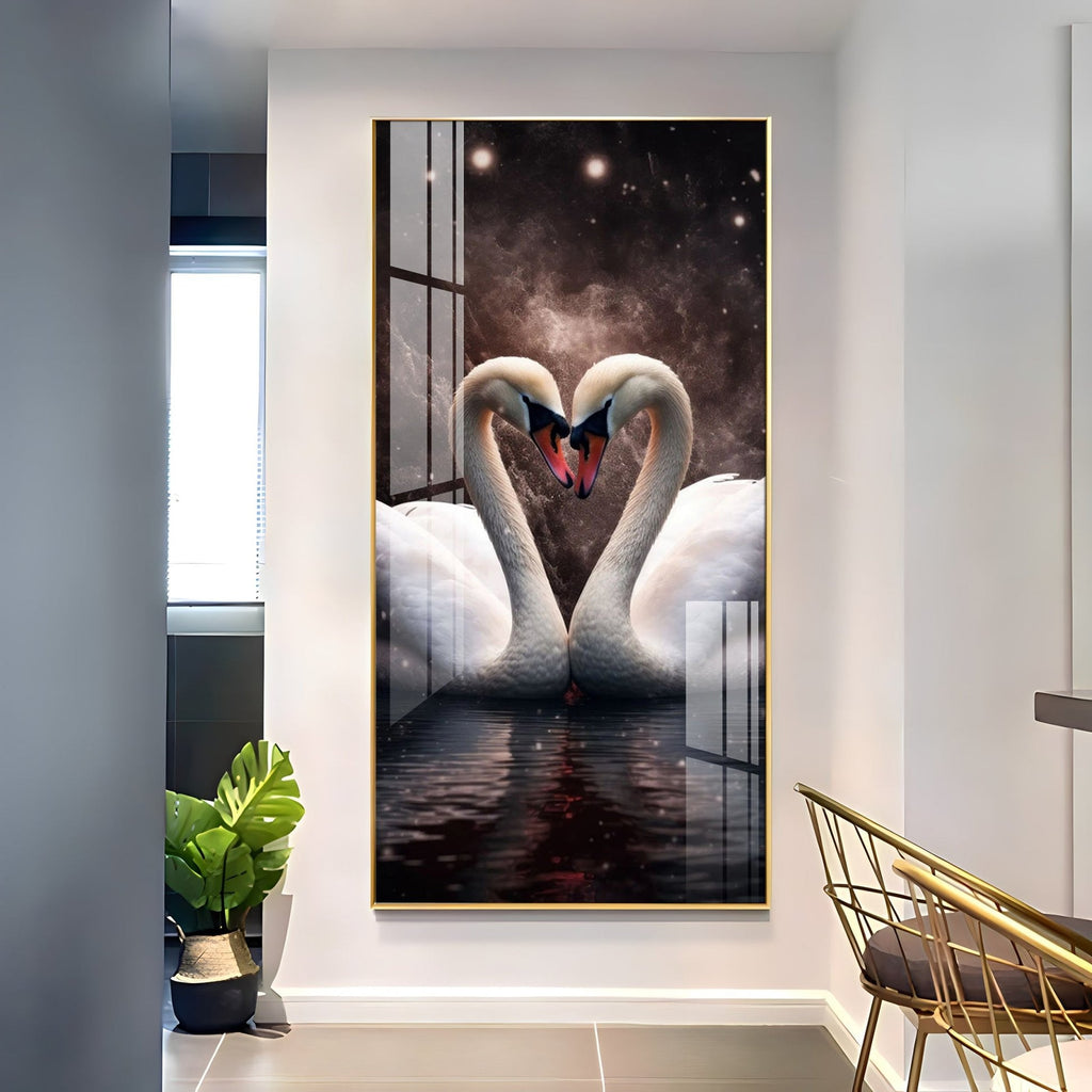 Elegant White Swan Couple Acrylic Wall Painting with Water Reflection Design