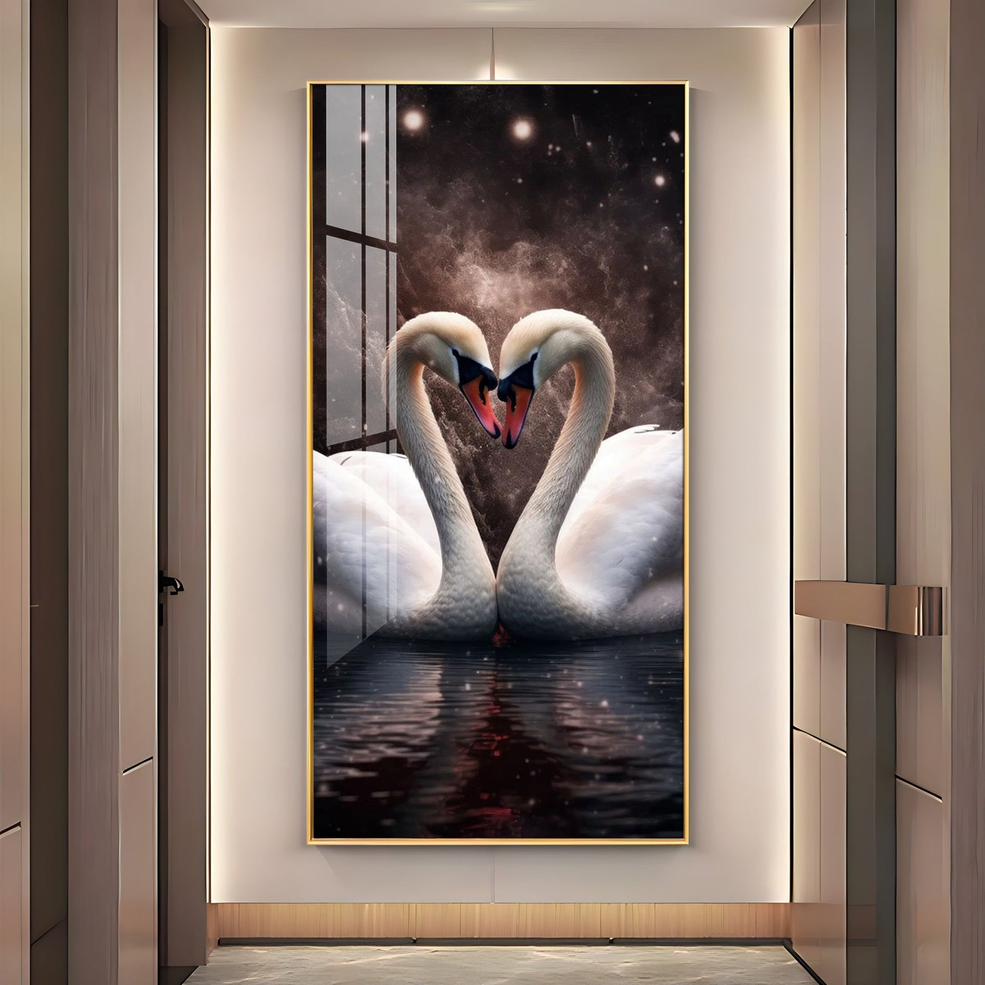Elegant White Swan Couple Acrylic Wall Painting with Water Reflection Design