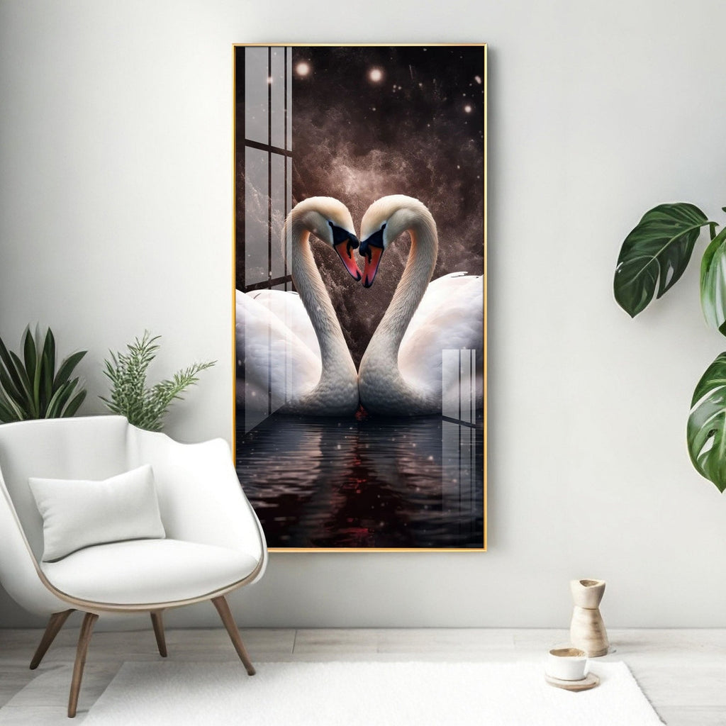 Elegant White Swan Couple Acrylic Wall Painting with Water Reflection Design