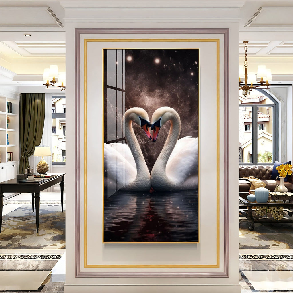 Elegant White Swan Couple Acrylic Wall Painting with Water Reflection Design