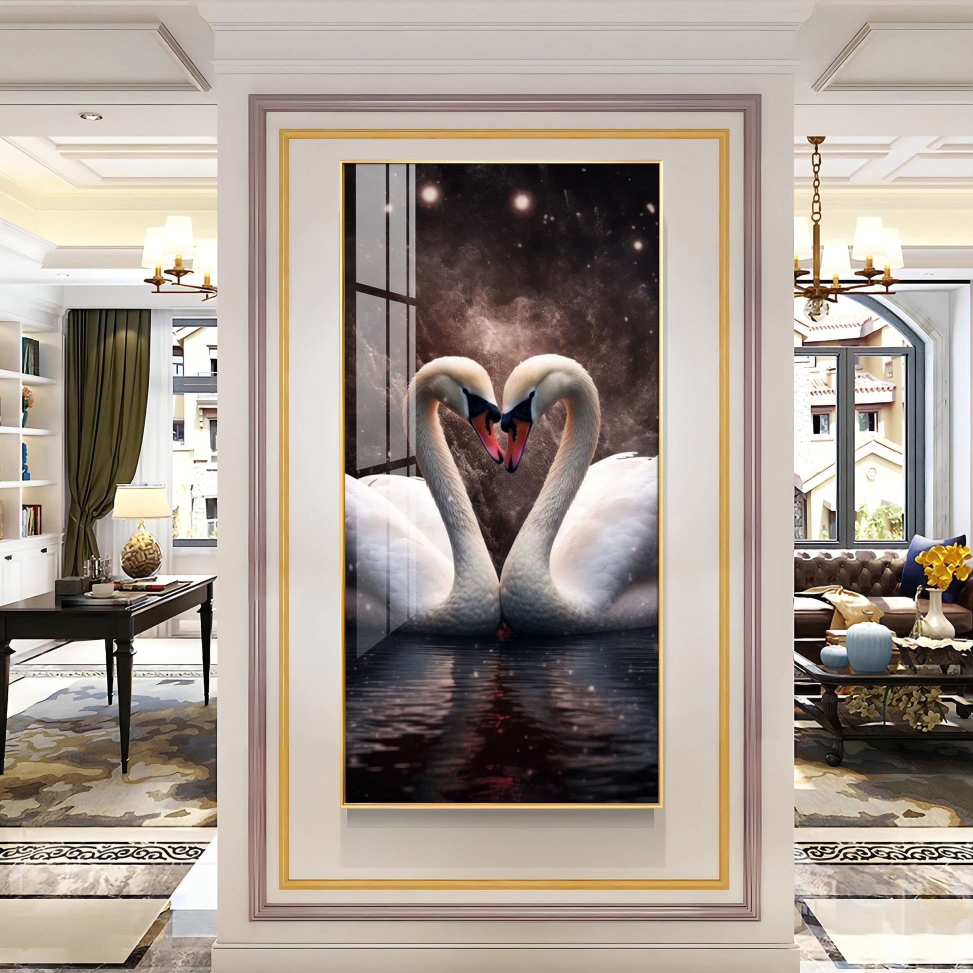 Elegant White Swan Couple Acrylic Wall Painting with Water Reflection Design