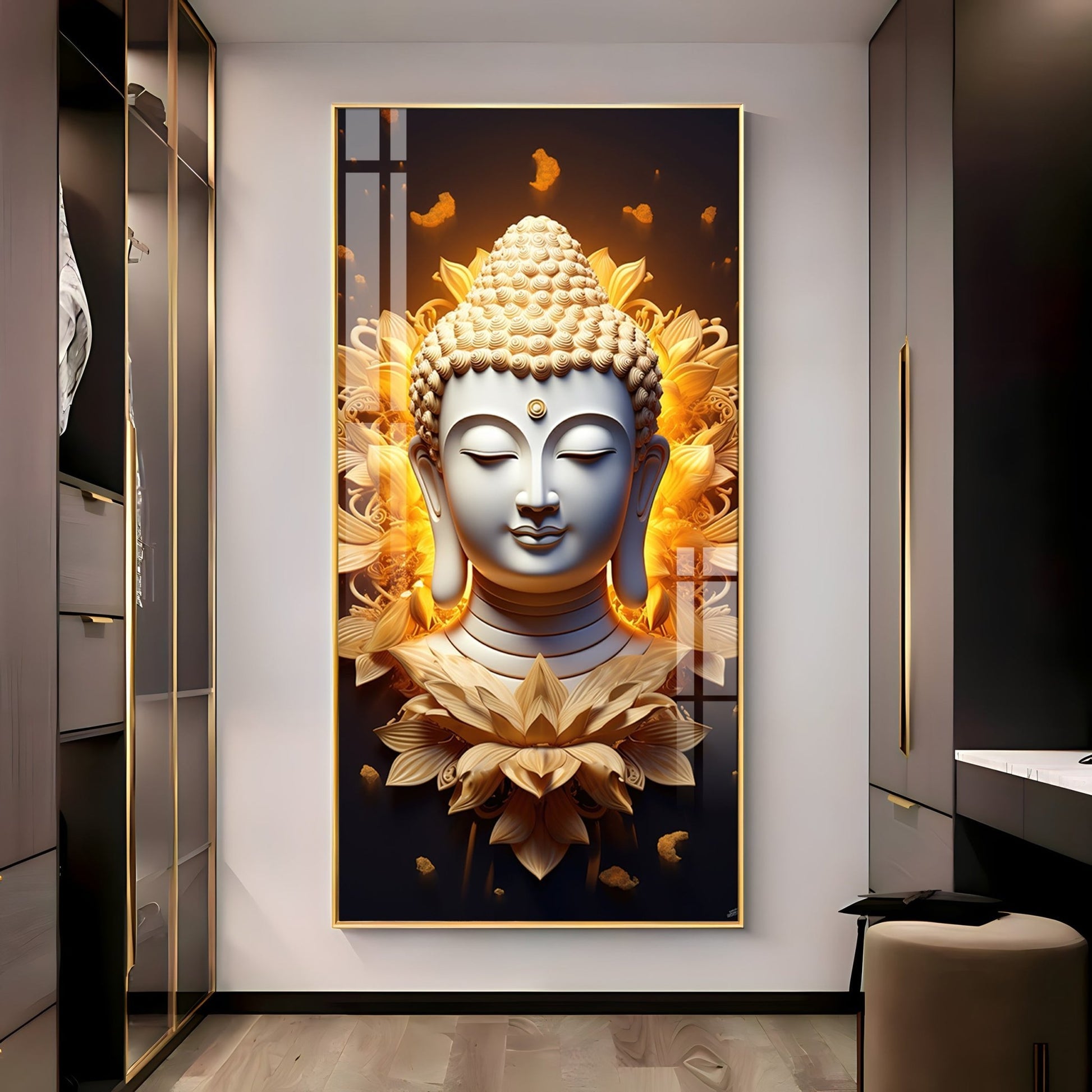 Luxury Meditative Buddha Acrylic Wall Painting Featuring Golden Floral Aura and Peaceful Expression