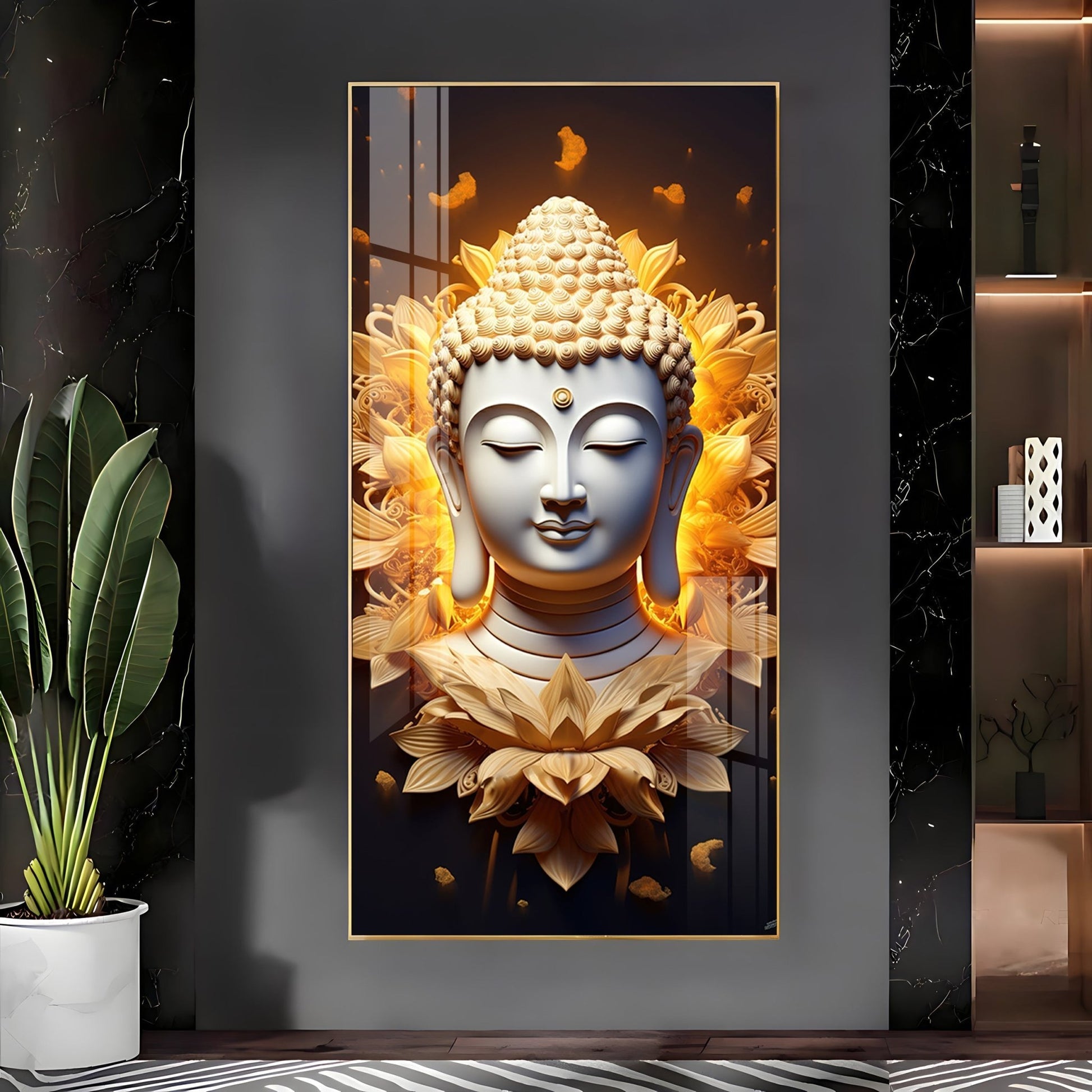 Luxury Meditative Buddha Acrylic Wall Painting Featuring Golden Floral Aura and Peaceful Expression