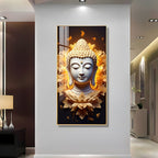 Luxury Meditative Buddha Acrylic Wall Painting Featuring Golden Floral Aura and Peaceful Expression