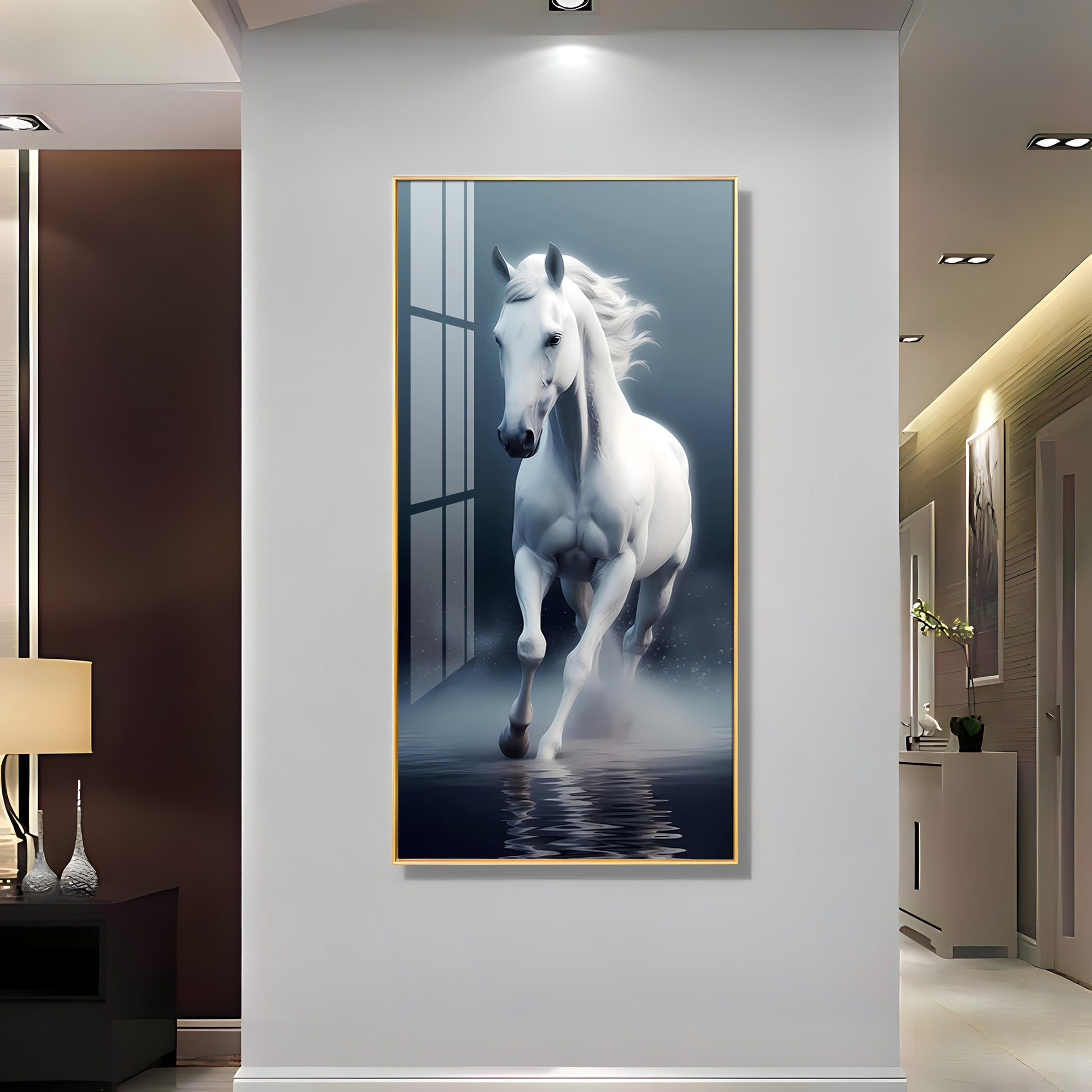 Beautiful White Horse in Mist Acrylic Wall Painting for Living Room