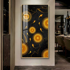 This acrylic wall painting has a rich black background that makes the golden colors look more bright and eye-catching