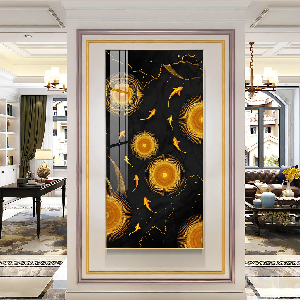 This acrylic wall painting has a rich black background that makes the golden colors look more bright and eye-catching