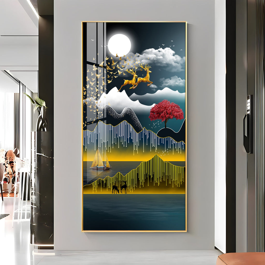 Premium Nature Scene Acrylic Wall Painting with Mountains, Boat and Moonlight