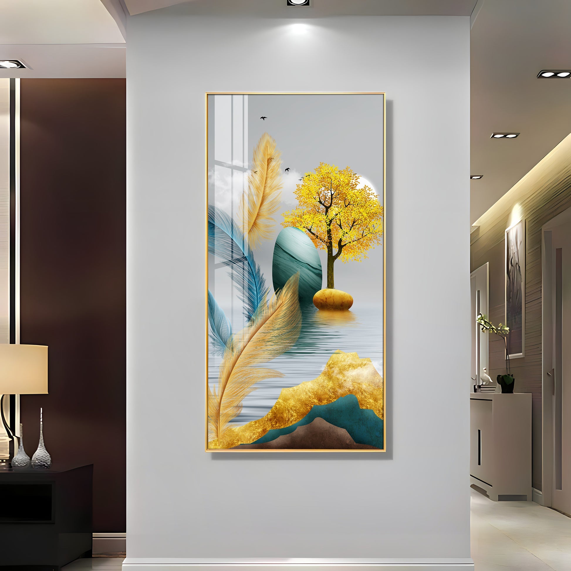 Modern Feather and Tree Design Acrylic Wall Painting for Living Room Decor