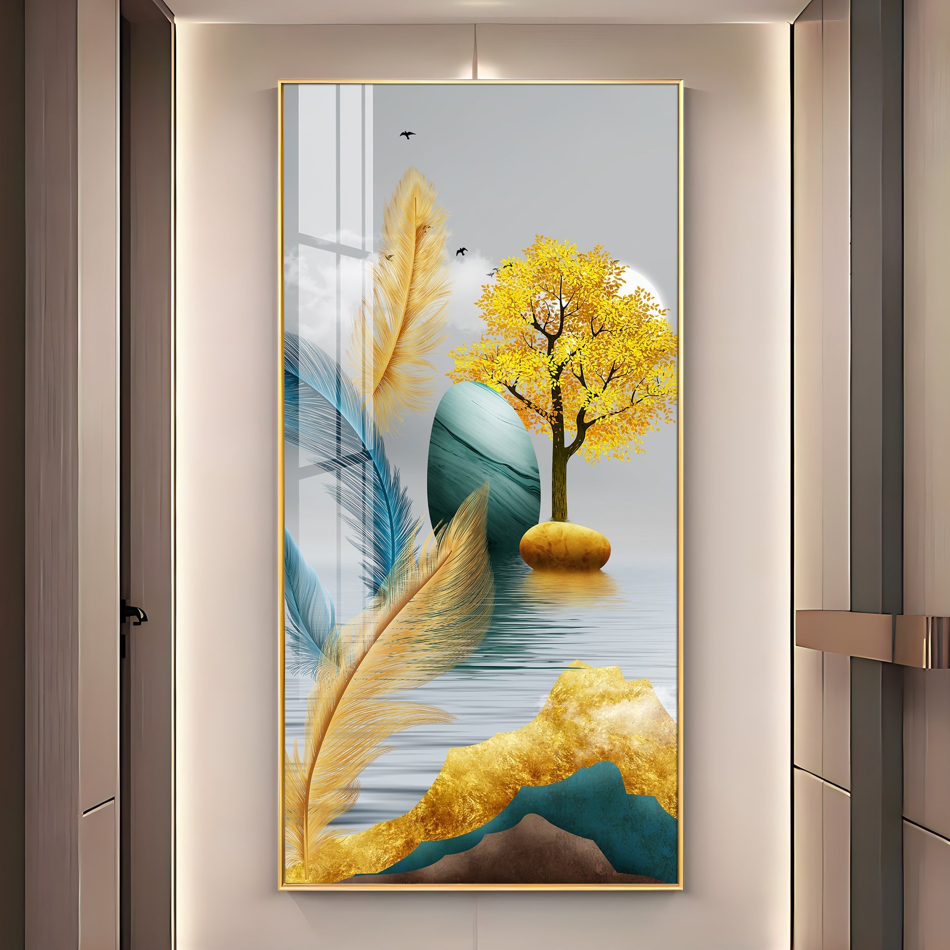 Modern Feather and Tree Design Acrylic Wall Painting for Living Room Decor