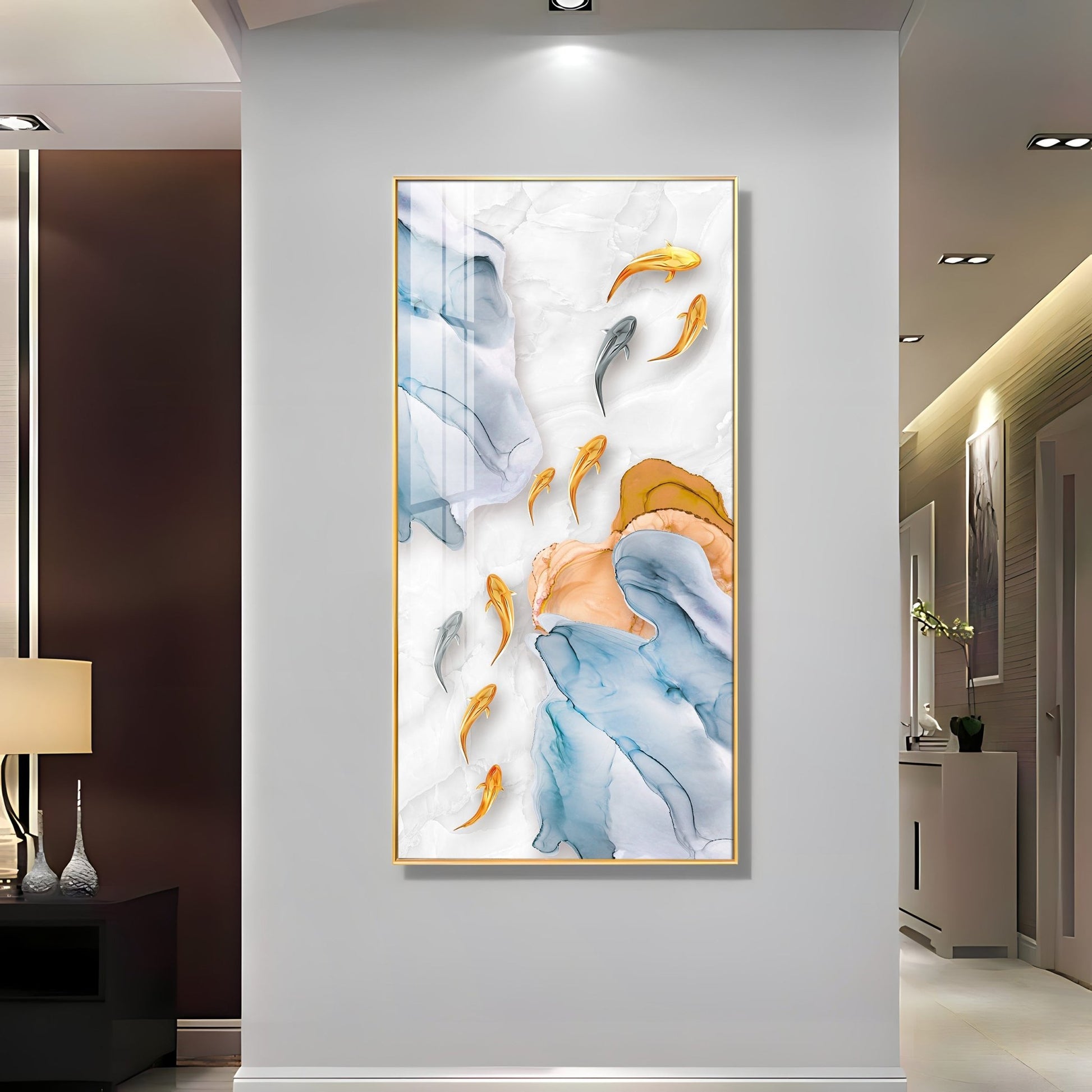 Premium Artistic Acrylic Wall Painting with Marble Texture and Fish Theme