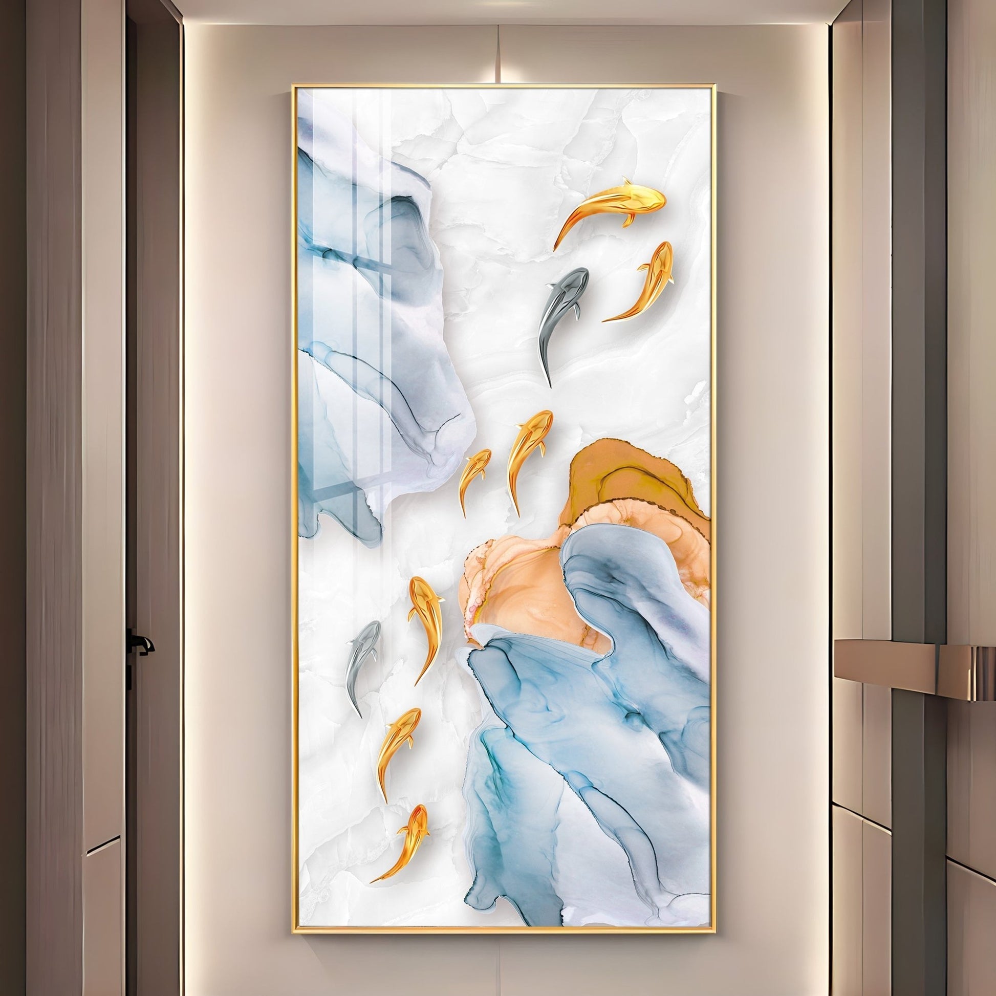 Premium Artistic Acrylic Wall Painting with Marble Texture and Fish Theme