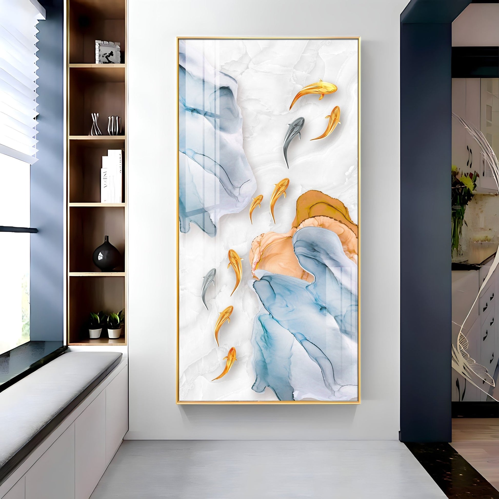 Premium Artistic Acrylic Wall Painting with Marble Texture and Fish Theme
