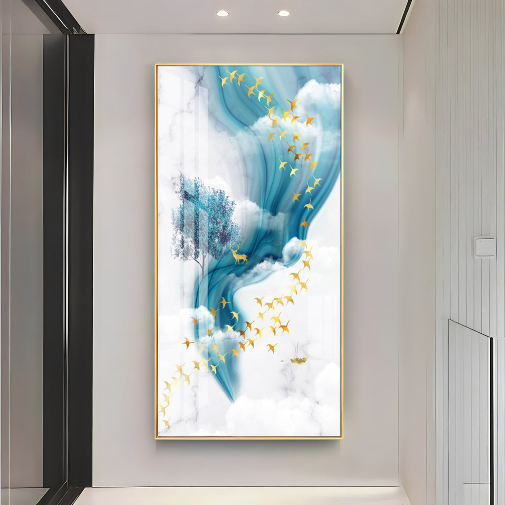 Dreamy Abstract Sky Acrylic Wall Painting with Golden Birds and Blue Flow