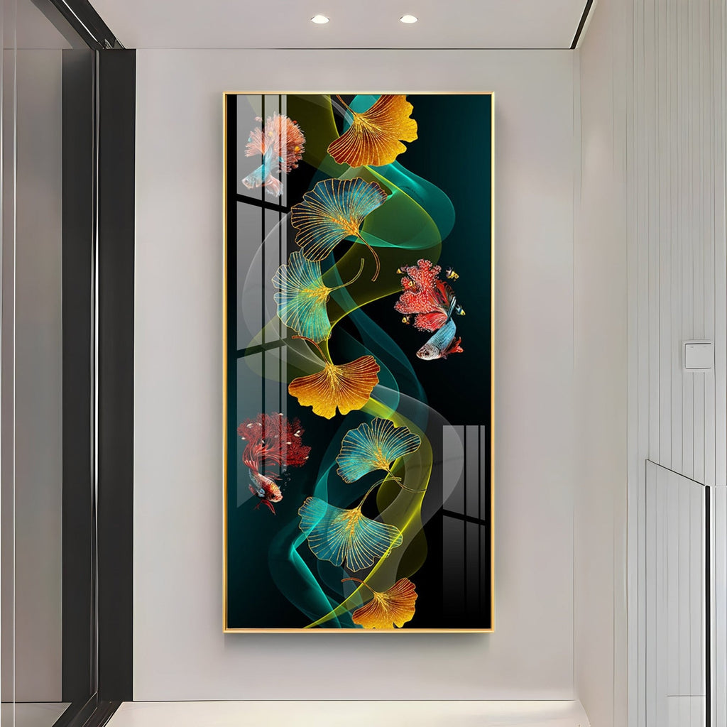 Elegant Abstract Nature Acrylic Wall Painting with Colorful Leaves and Fish