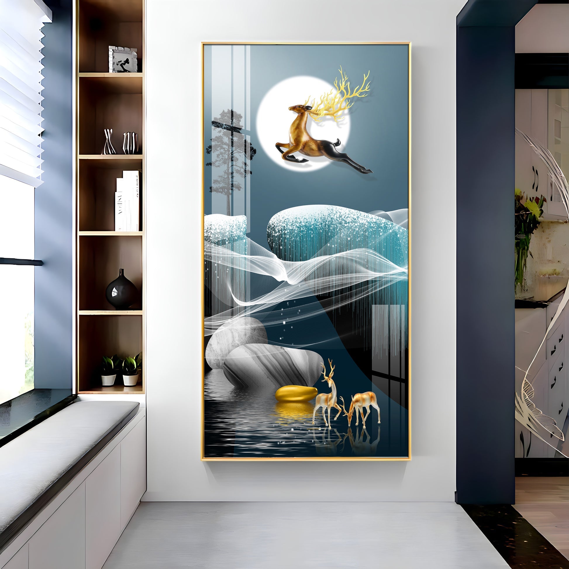 Elegant Golden Deer Acrylic Wall Painting with Moonlight Landscape