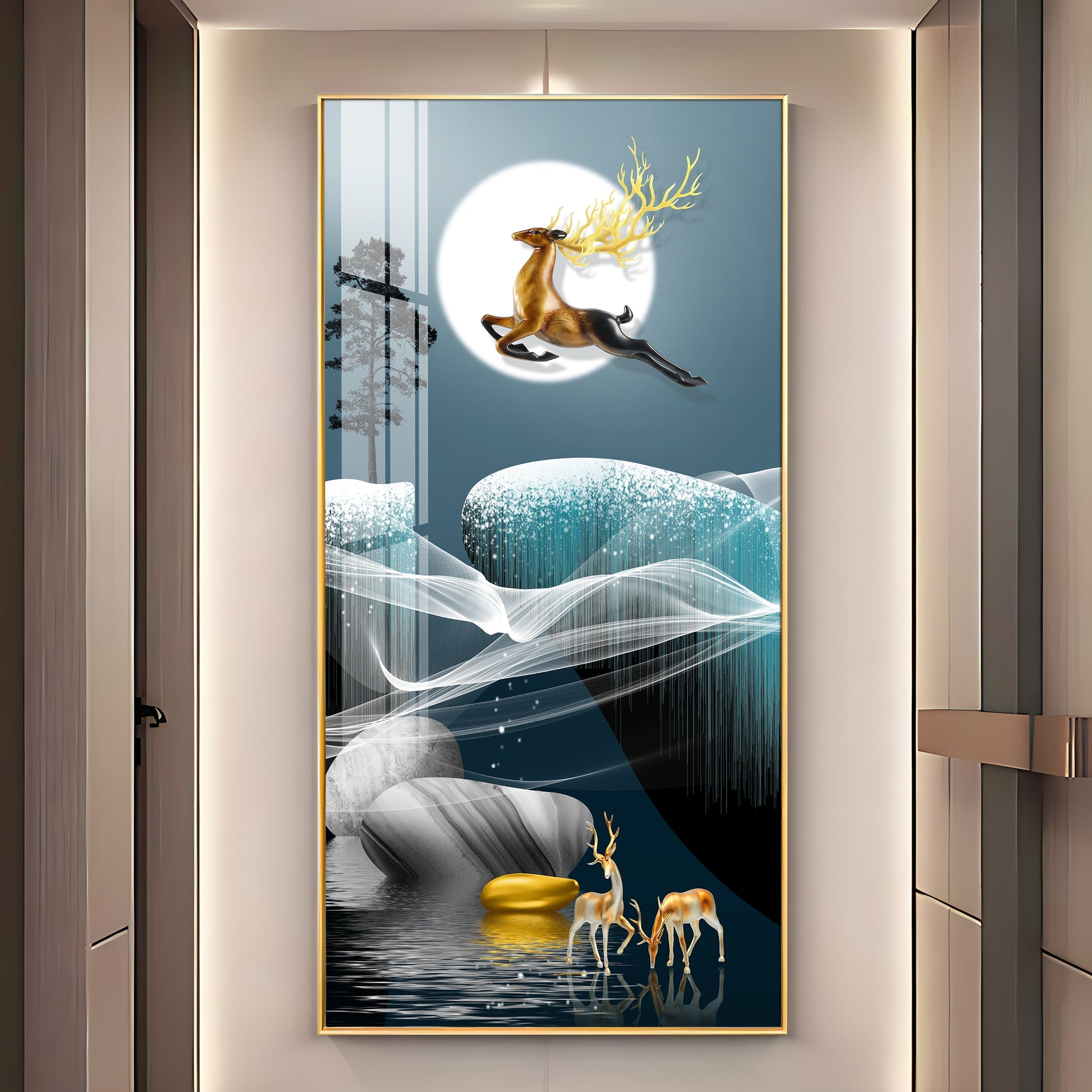 Elegant Golden Deer Acrylic Wall Painting with Moonlight Landscape