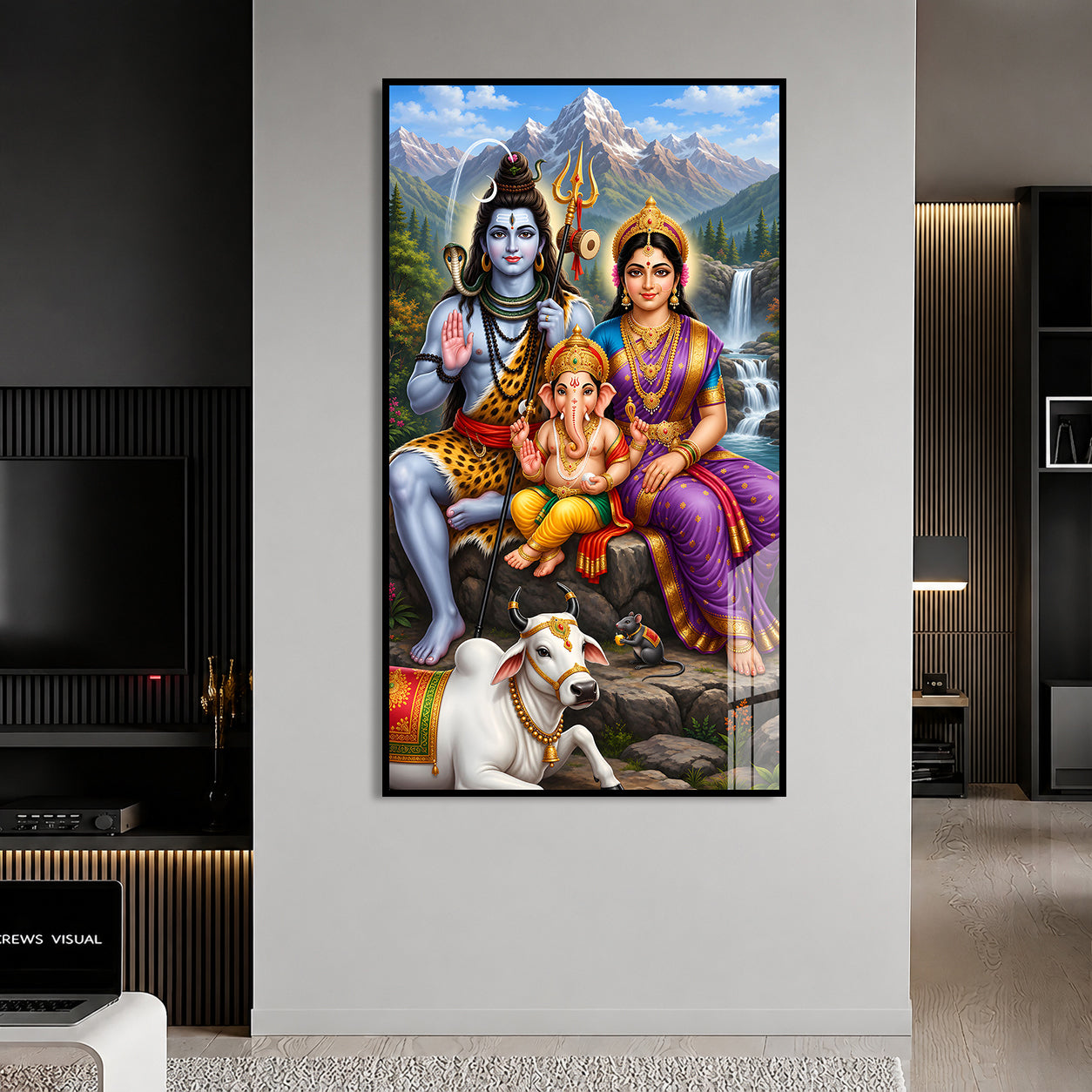 Divine Shiv Parivar Acrylic Wall Painting with Ganesha Nandi and Trishul