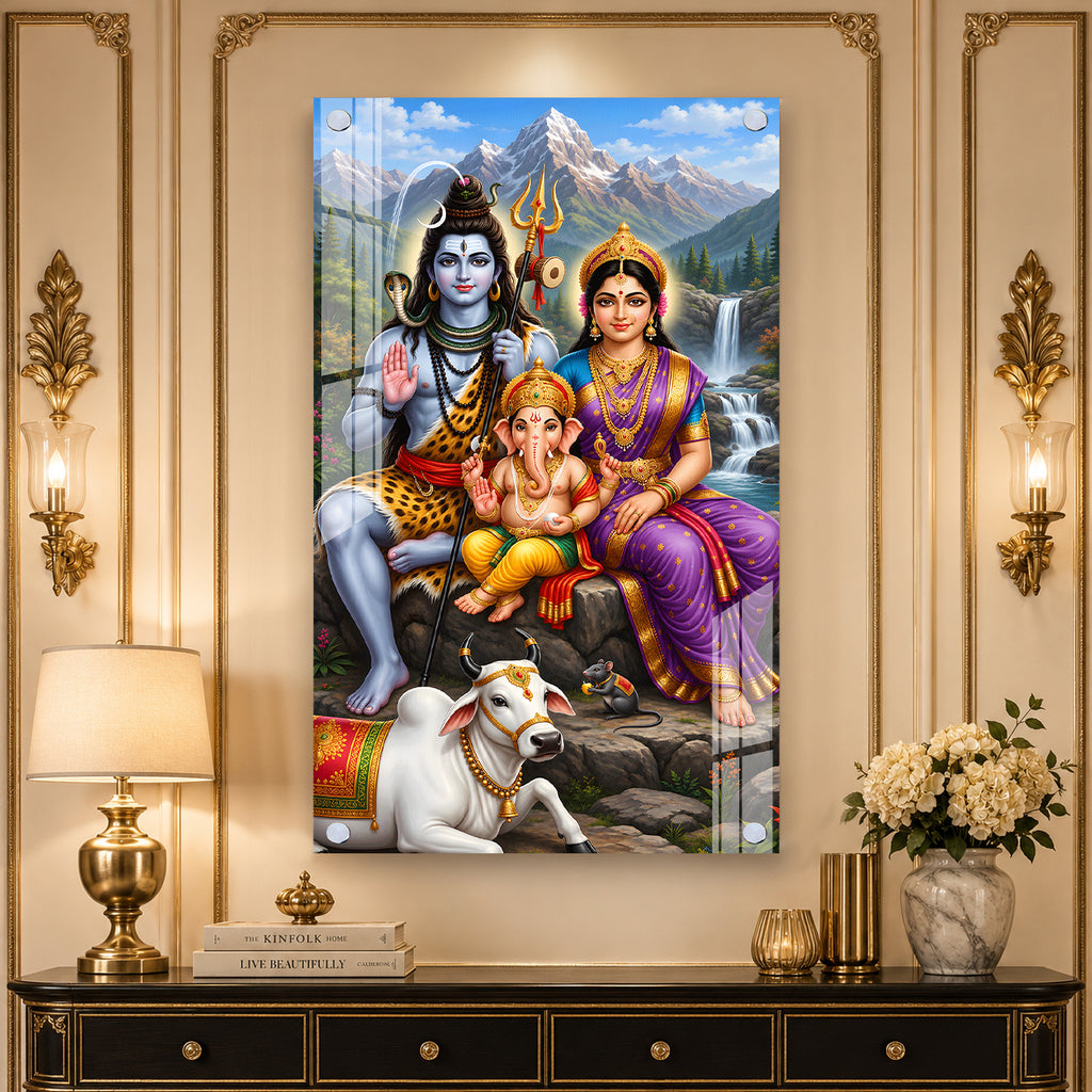 Divine Shiv Parivar Acrylic Wall Painting with Ganesha Nandi and Trishul