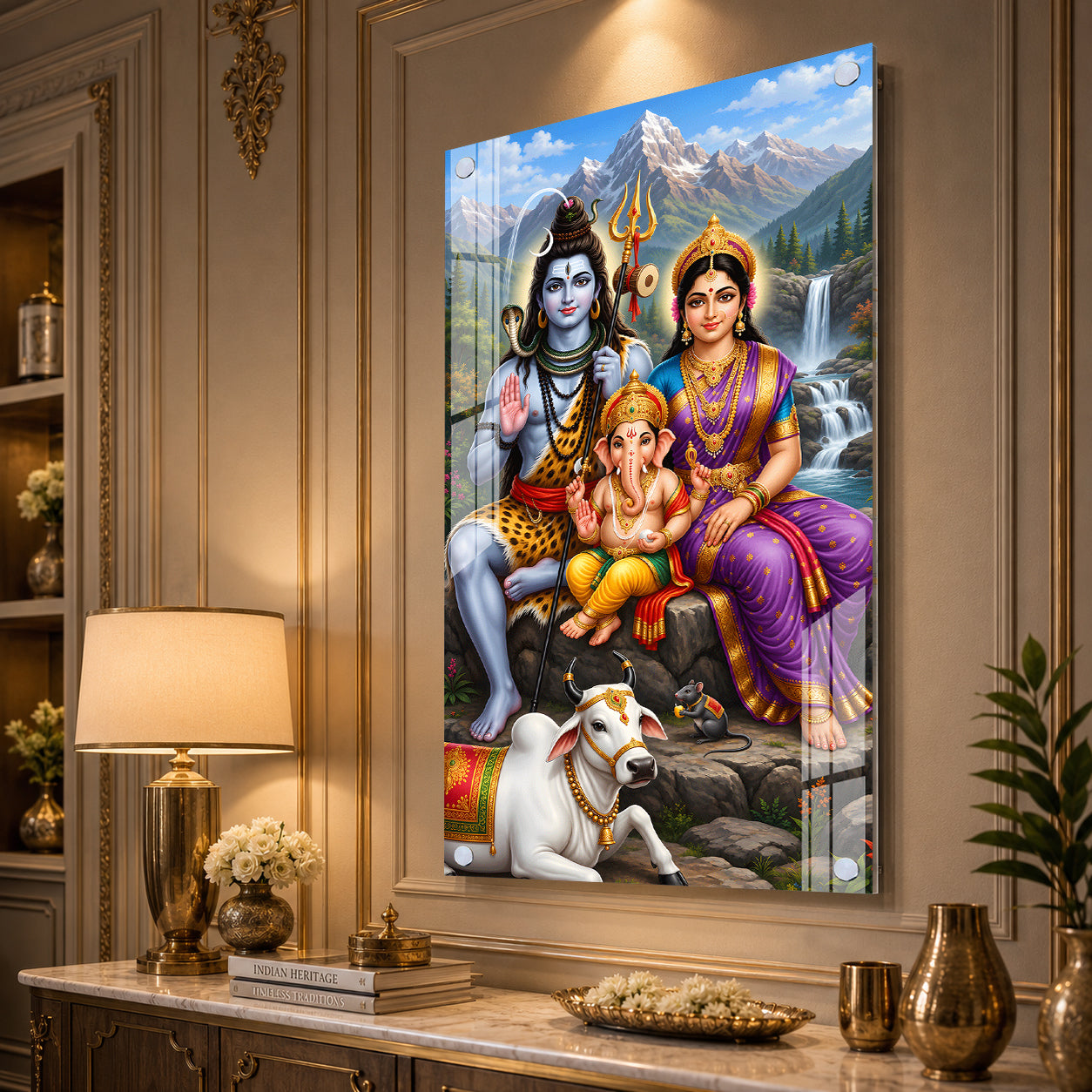 Divine Shiv Parivar Acrylic Wall Painting with Ganesha Nandi and Trishul