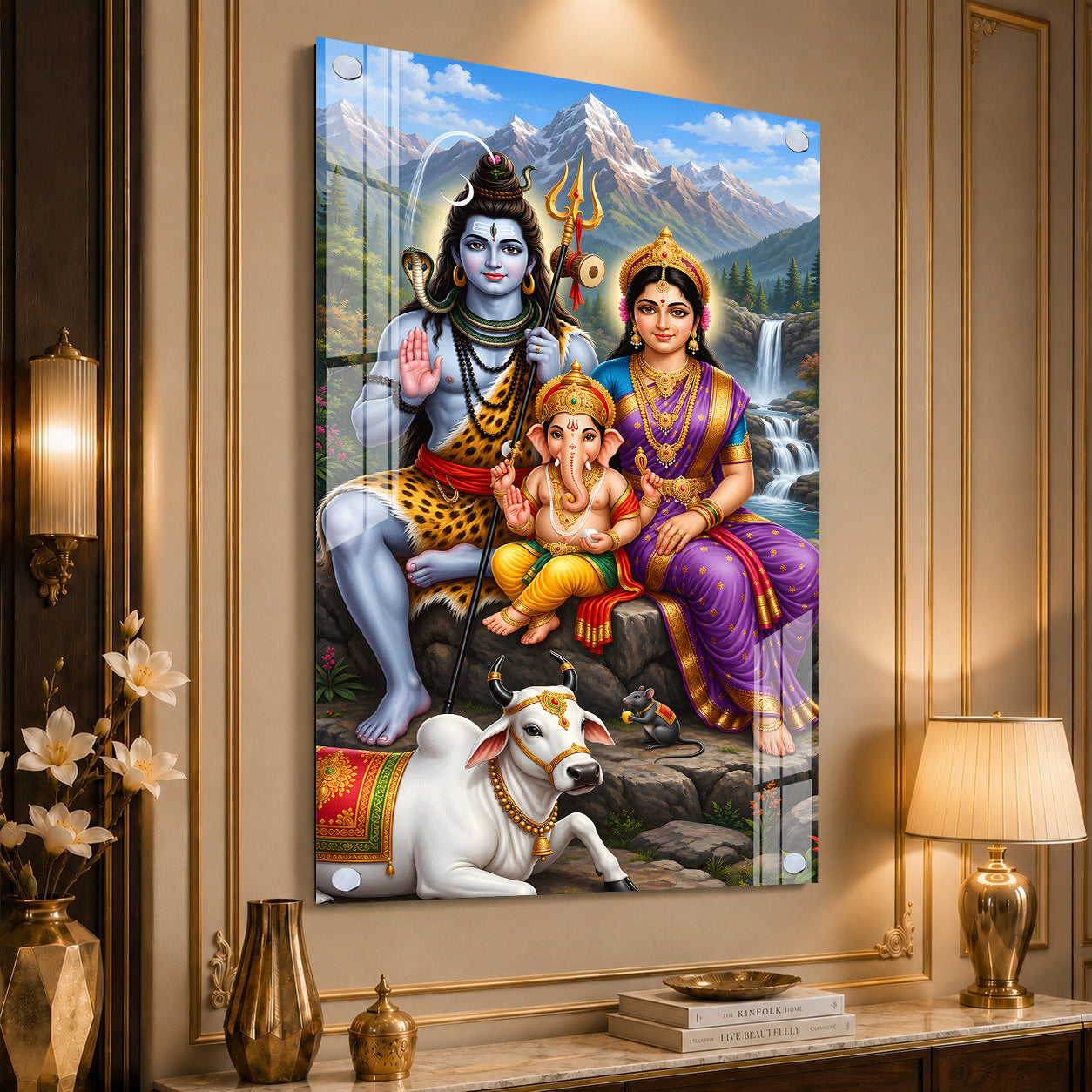 Divine Shiv Parivar Acrylic Wall Painting with Ganesha Nandi and Trishul