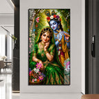 Divine Radha Krishna Playing Flute Acrylic Wall Painting with Flowers for Home and Office Decor
