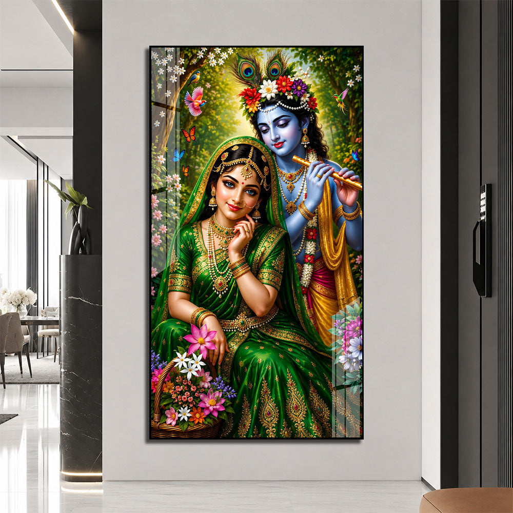Divine Radha Krishna Playing Flute Acrylic Wall Painting with Flowers for Home and Office Decor