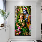 Divine Radha Krishna Playing Flute Acrylic Wall Painting with Flowers for Home and Office Decor