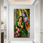 Divine Radha Krishna Playing Flute Acrylic Wall Painting with Flowers for Home and Office Decor