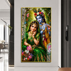 Divine Radha Krishna Playing Flute Acrylic Wall Painting with Flowers for Home and Office Decor