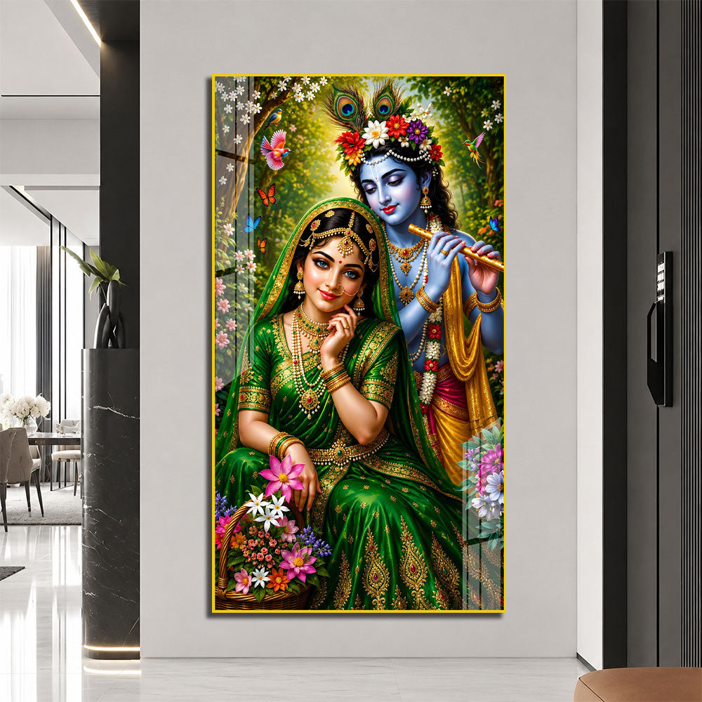 Divine Radha Krishna Playing Flute Acrylic Wall Painting with Flowers for Home and Office Decor