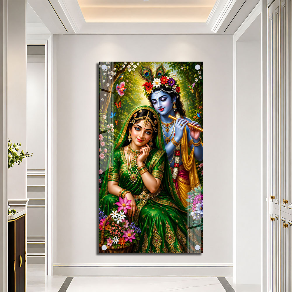 Divine Radha Krishna Playing Flute Acrylic Wall Painting with Flowers for Home and Office Decor