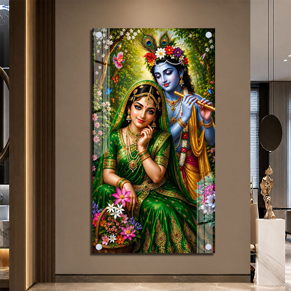 Divine Radha Krishna Playing Flute Acrylic Wall Painting with Flowers for Home and Office Decor