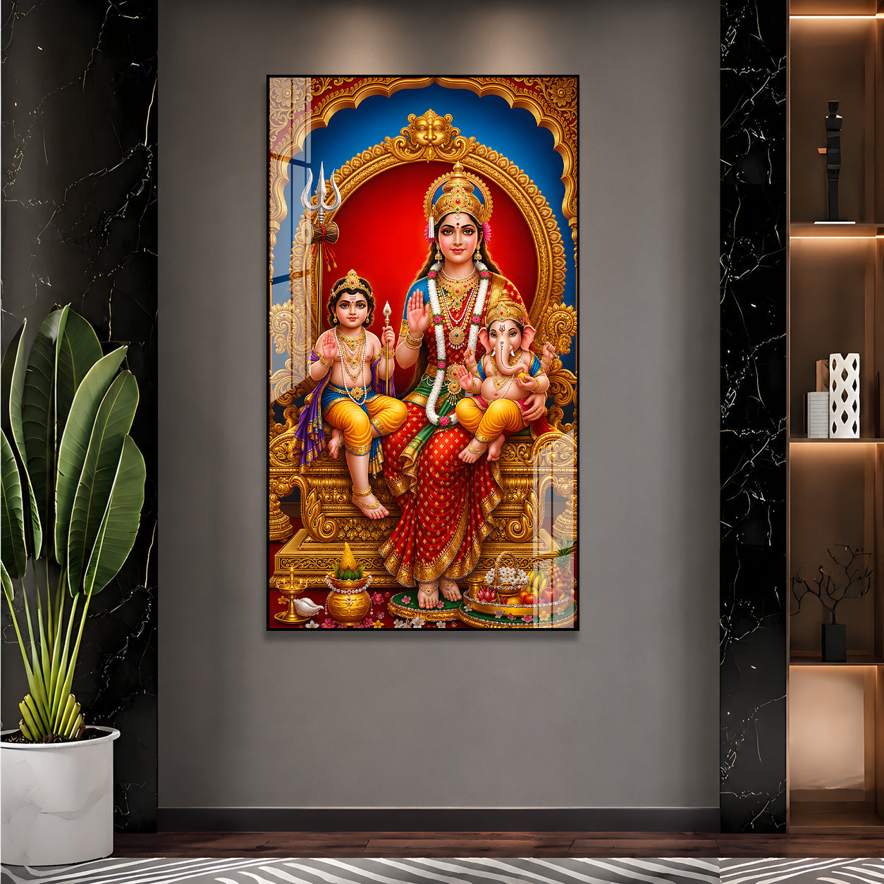 Goddess Parvati Ganesha and Kartikeya Vertical Acrylic Wall Art for Living Room