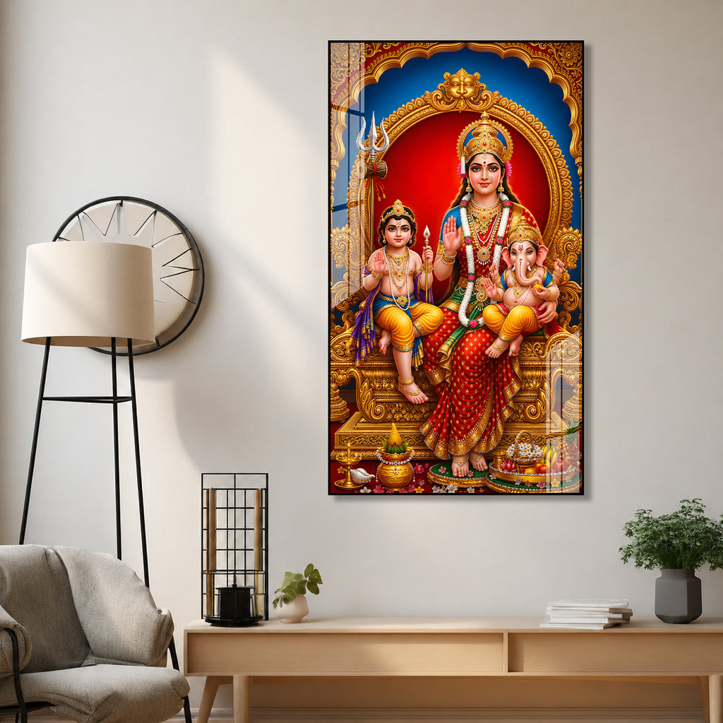 Goddess Parvati Ganesha and Kartikeya Vertical Acrylic Wall Art for Living Room