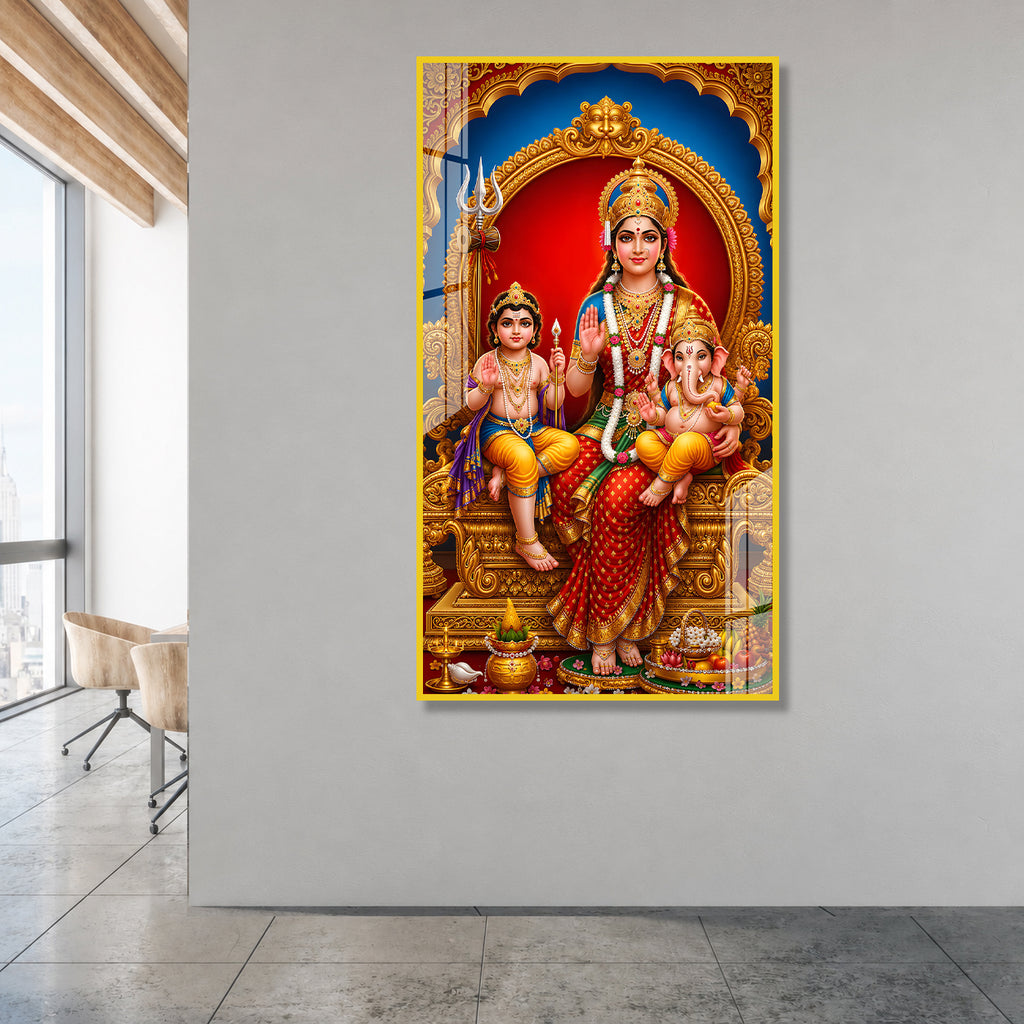 Goddess Parvati Ganesha and Kartikeya Vertical Acrylic Wall Art for Living Room