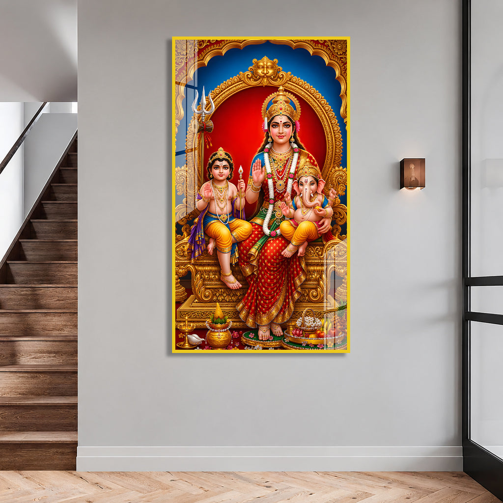 Goddess Parvati Ganesha and Kartikeya Vertical Acrylic Wall Art for Living Room
