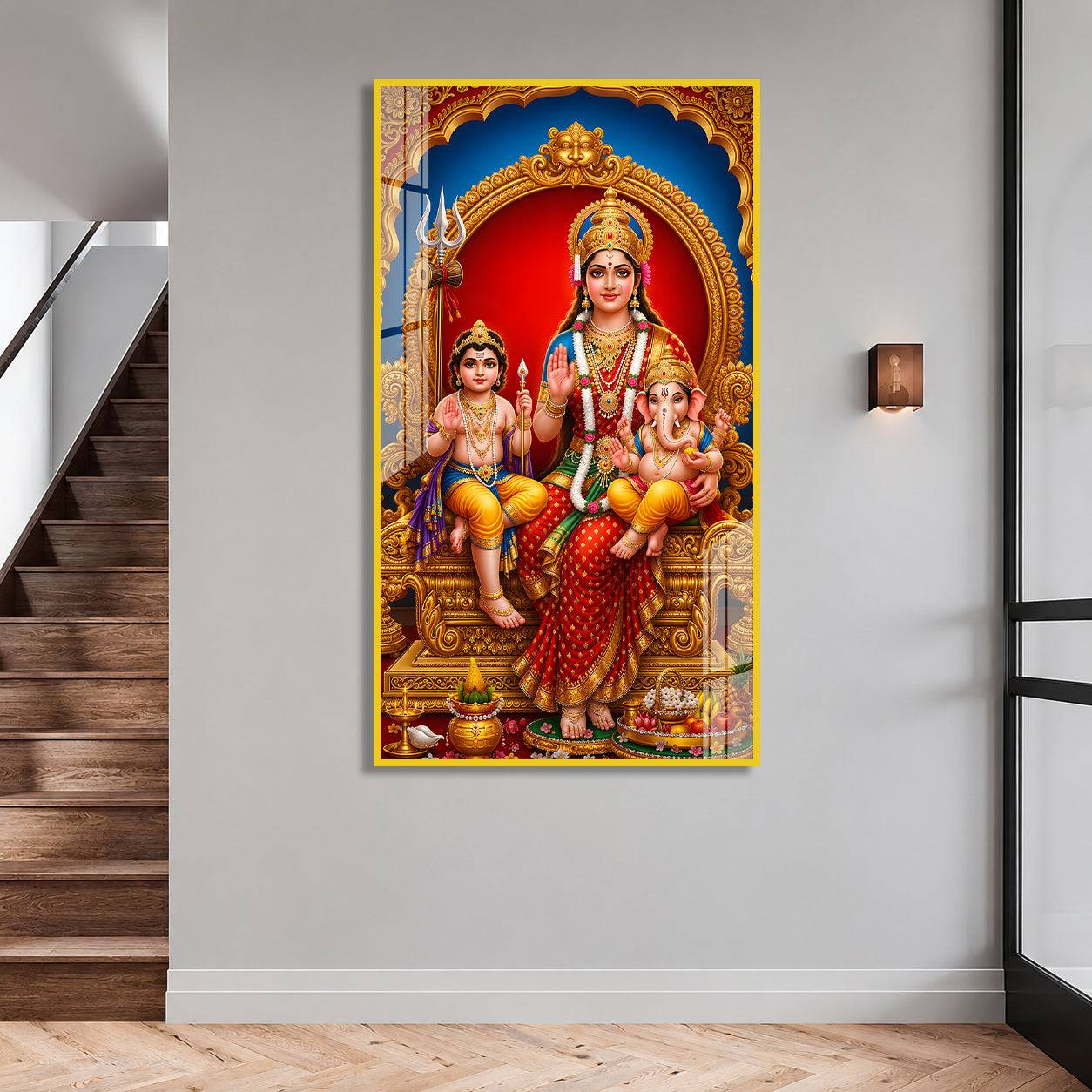 Goddess Parvati Ganesha and Kartikeya Vertical Acrylic Wall Art for Living Room