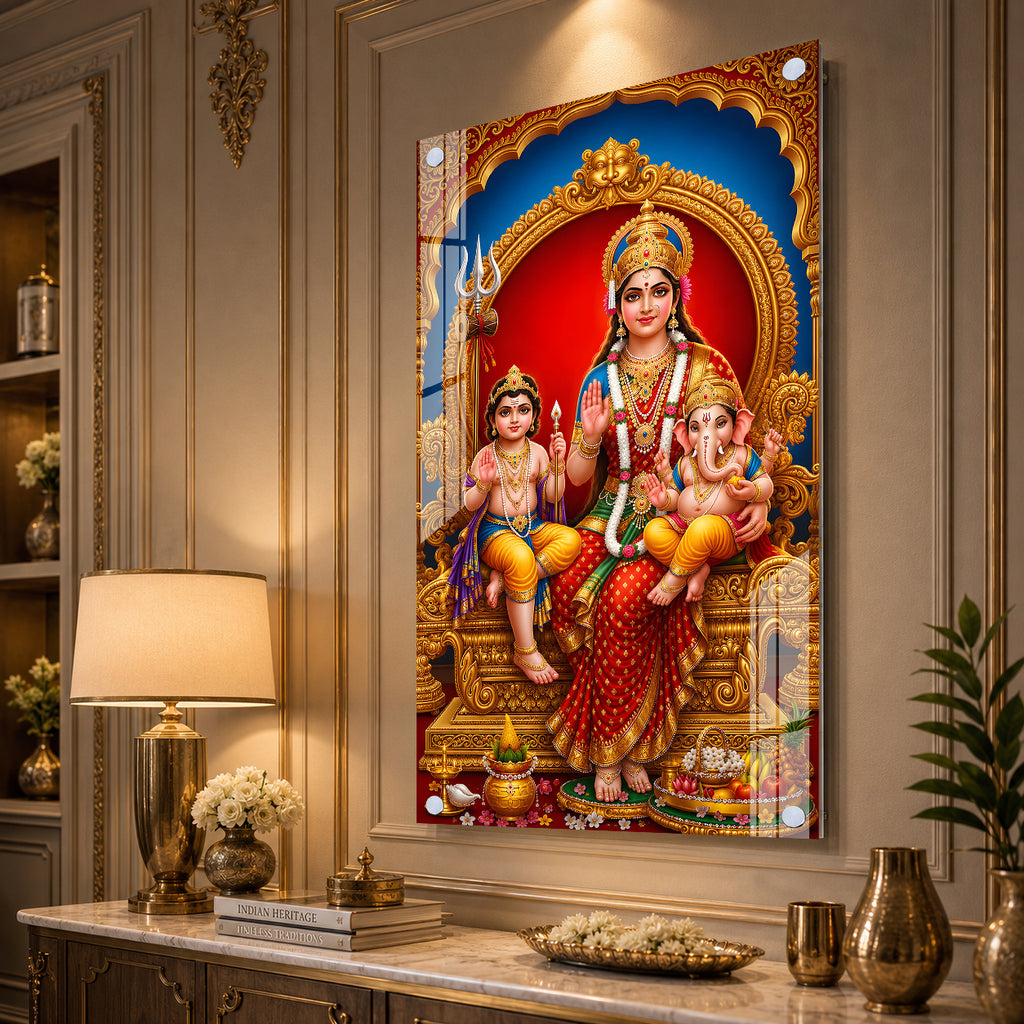 Goddess Parvati Ganesha and Kartikeya Vertical Acrylic Wall Art for Living Room