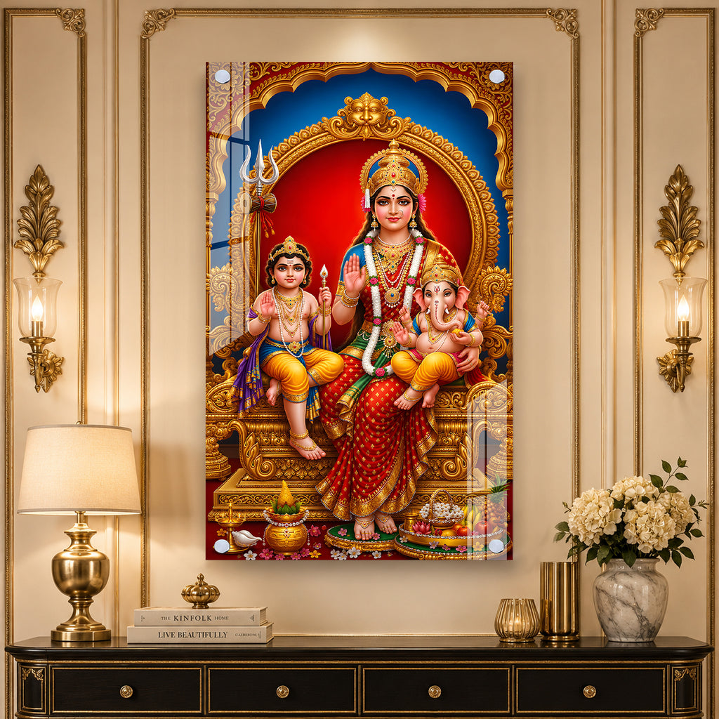 Goddess Parvati Ganesha and Kartikeya Vertical Acrylic Wall Art for Living Room