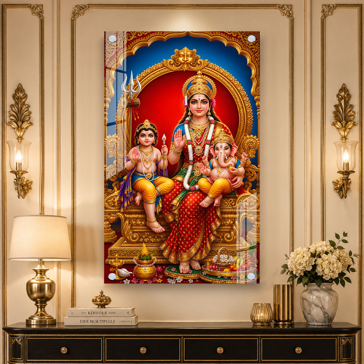 Goddess Parvati Ganesha and Kartikeya Vertical Acrylic Wall Art for Living Room