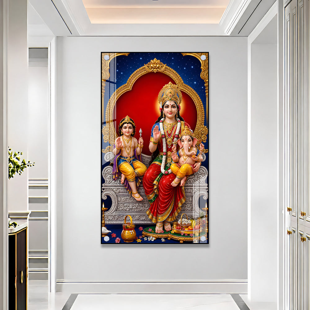 Mata Parvati Ganesha Kartikeya Black Framed Acrylic Painting for Religious Gifting