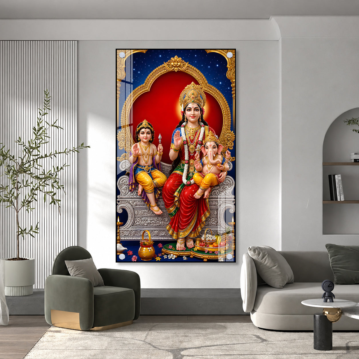 Mata Parvati Ganesha Kartikeya Black Framed Acrylic Painting for Religious Gifting