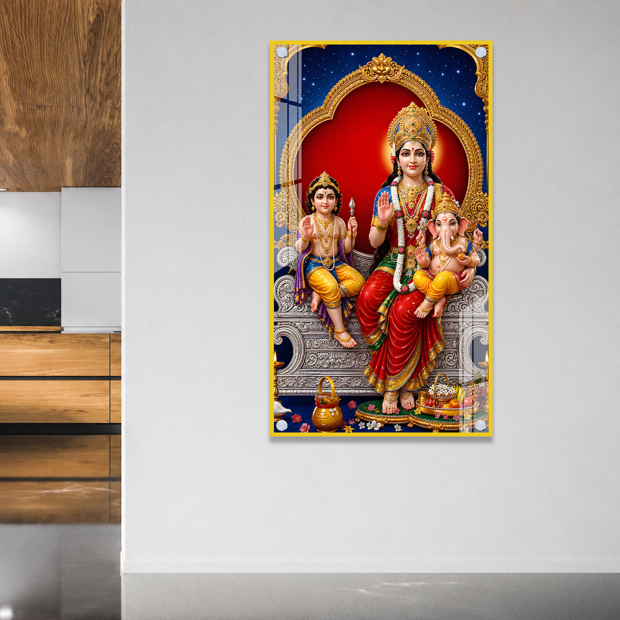 Mata Parvati Ganesha Kartikeya Black Framed Acrylic Painting for Religious Gifting