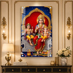 Mata Parvati Ganesha Kartikeya Black Framed Acrylic Painting for Religious Gifting